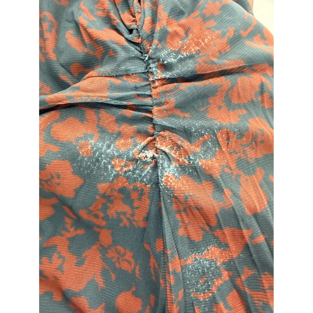 Madewell Mesh Floral Print Ruched Midi Dress Long Sleeve Collared Navy Red Sz L - Picture 8 of 10